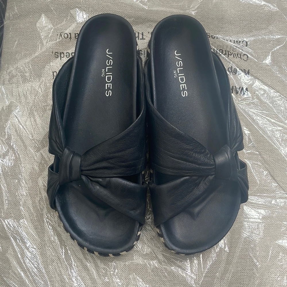 J/Slides black leather with braided trim detail
